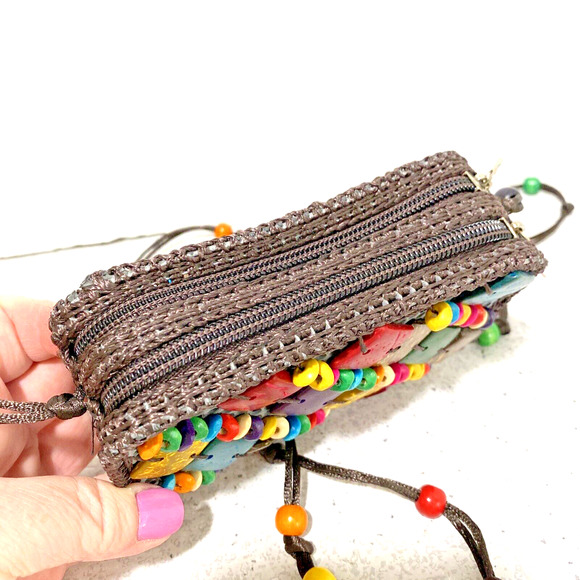 Boho Tribal Beaded Crossbody Bag Mini Purse Wallet Double Zippers Colorful Beads - Picture 4 of 9